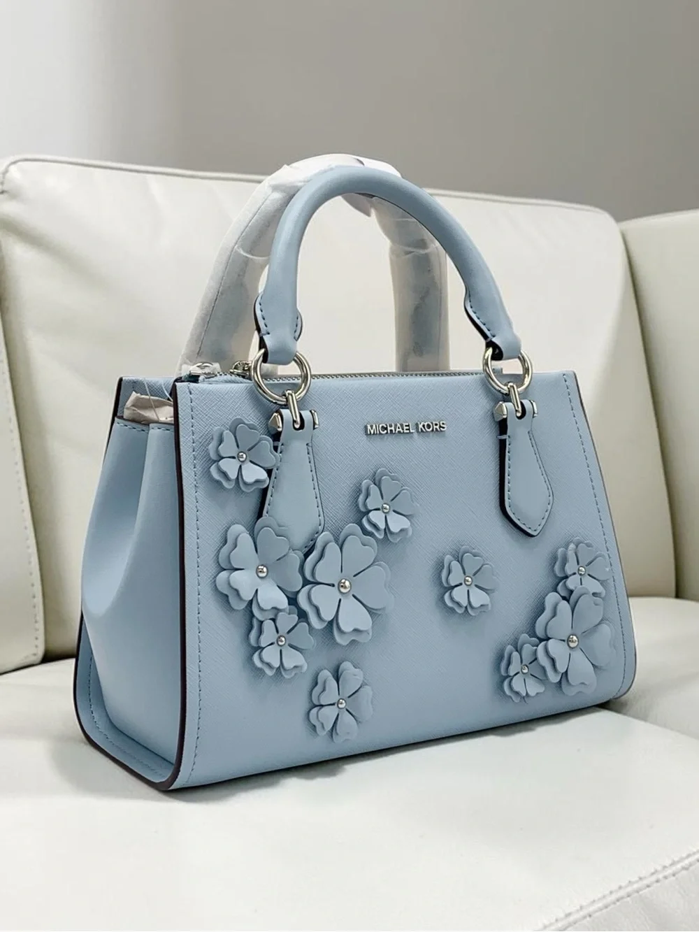 Michael Kors Marilyn small Pale Blue Floral Appliqué Satchel